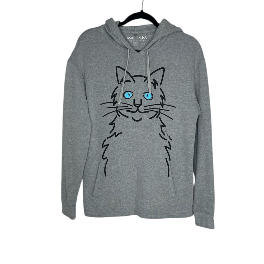 Marushka Blue Eyed Cat Whimsical Wearable Art gray pullover hoodie size Medium - Picture 15 of 15